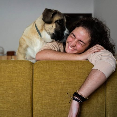 Big dog licking the face of teenage owner on the sofa at home